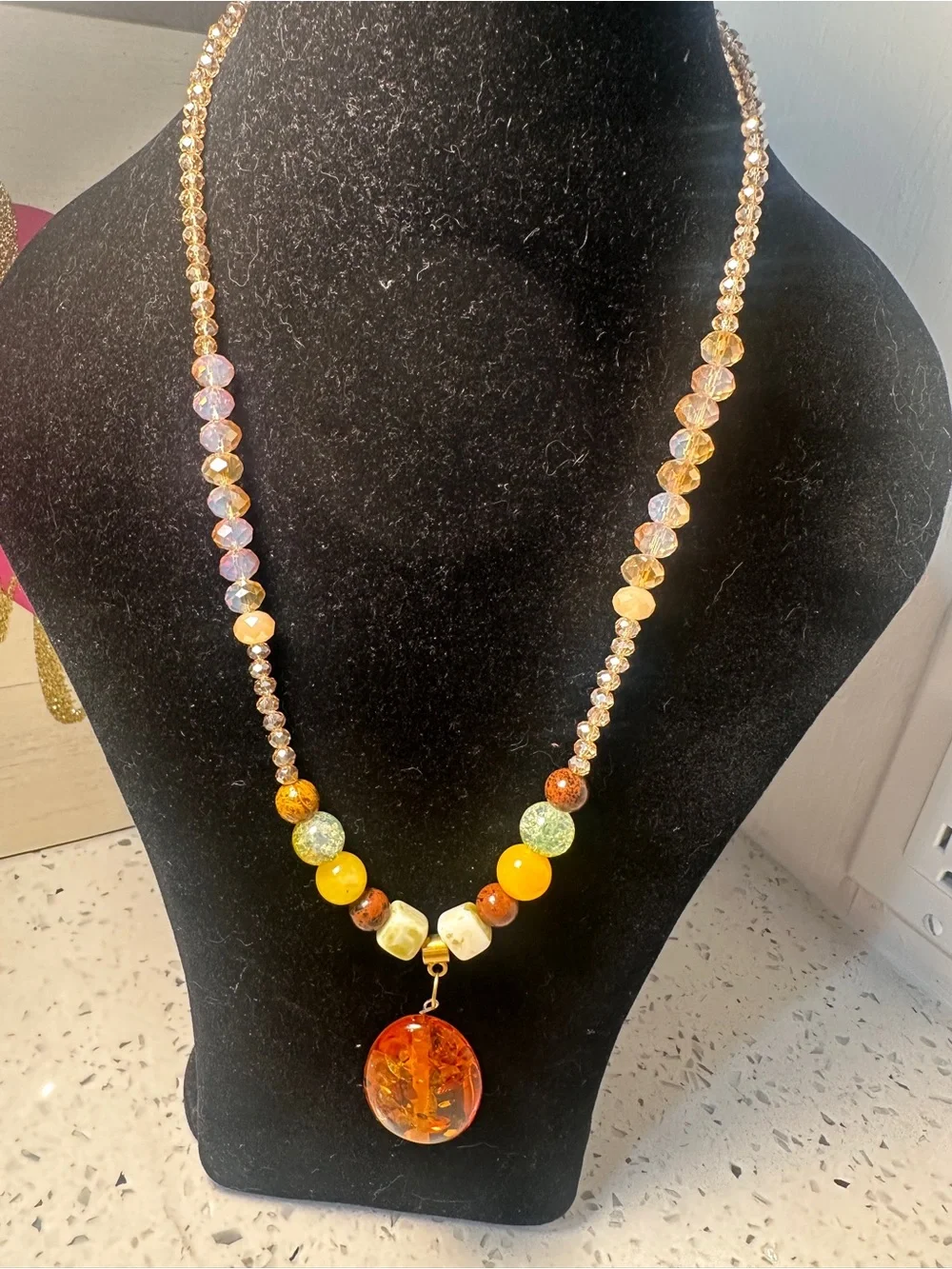 2 Sunset Amber Beaded Pendant Necklaces  - Yellow & Amber
